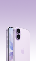 iPhone 17, kleur Lavendel, voorkant, schuin zijaanzicht van achterkant, Dual Fusion-camerasysteem bovenaan links, knop voor Cameraregelaar, schuin zijaanzicht van voorkant met all‑screendesign, Actieknop, volumeknoppen en zijknop