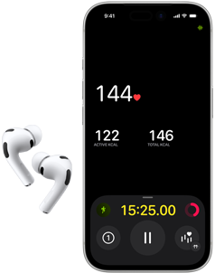 AirPods Pro 3, onderste schermhelft van een iPhone 17 Pro, Conditie-app met de hartslag in beeld