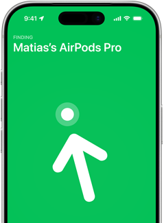 iPhone 17 Pro, Zoek Mijn met het scherm voor Nauwkeurig Zoeken, tekst: Matias's AirPods Pro