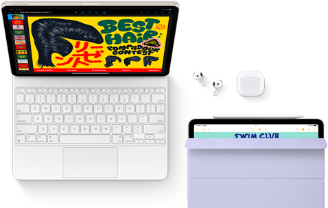 iPad Air met een Magic Keyboard eraan vast en daarnaast AirPods Pro, Apple Pencil Pro en een Smart Folio