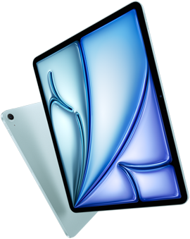 Schuin vooraanzicht van 13-inch iPad Air met kleurrijk display, achteraanzicht van 11-inch iPad Air met achterkant en camera