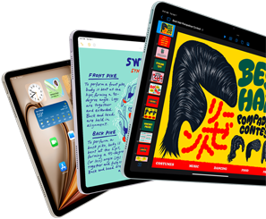 Drie iPad Air-displays waarop features van iPadOS en diverse apps te zien zijn