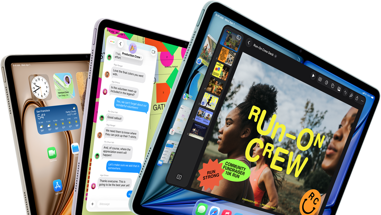 Drie iPad Air-displays in de vorm van een waaier, kleuren: Blauw, Paars, Sterrenlicht, voorkant, zijkant, apps op het scherm zijn Keynote, Berichten en Beginscherm