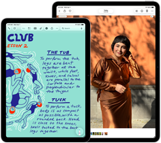 Twee iPad Air-modellen, formaten: 11-inch en 13-inch, op het 11-inch model is kleurige tekst te zien in de Notities-app, op het 13-inch model staat een foto van een persoon in de Foto’s-app