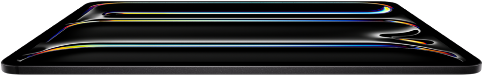Vooraanzicht van iPad Pro in de kleur spacezwart, behuizing van aluminium en glas, dun profiel, achterover gekanteld met op het display veelkleurige line art