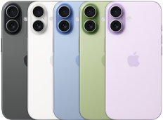 iPhone 17, achterkant, Fusion dual camera-systeem, alle vijf kleuren overlappend: Zwart, Wit, Saliegroen, Nevelblauw en Lavendel