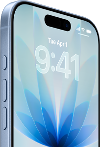 iPhone 17, voorkant, kleur Nevelblauw, Dynamic Island in het midden, knoppen: Actieknop, volumeknoppen