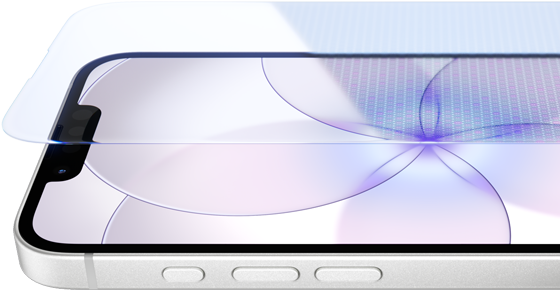 iPhone 17e, voorkant met Ceramic Shield 2, zijkant, kleur wit, knoppen: Actieknop, volumeknoppen