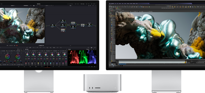 Studio Display-scherm en Studio Display XDR-scherm aan weerszijden van Mac Studio, met in beeld tools en software voor artistieke 3D-modellering