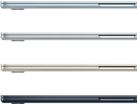 Vier MacBook Air-laptops in de verkrijgbare kleuren: hemelsblauw, zilver, sterrenlicht en middernacht