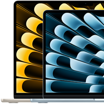 Twee MacBook Air-laptops bij elkaar, waardoor de relatieve afmetingen van de displays zichtbaar zijn: 34,46 cm en 38,91 cm, diagonaal gemeten