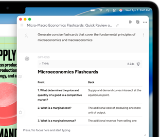 MacBook Air-scherm met Schrijfhulp van Apple Intelligence waarmee flashcards worden gemaakt over micro- en macro-economie