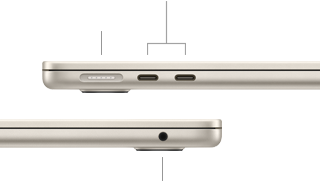 Linkerzijde van gesloten MacBook Air, met MagSafe-poort en twee Thunderbolt-poorten, rechterzijde met mini‑jack-aansluiting