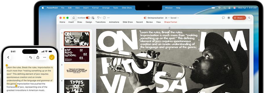 iPhone 16 Plus met gemarkeerde tekst in Notities, MacBook Air met een openstaande slide in Keynote, tekst uit Notities is te zien op de slide