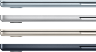 Zijaanzicht van vier MacBook Air-laptops in vier verschillende uitvoeringen