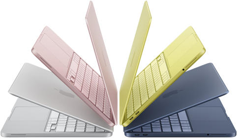 MacBook Neo-laptops in de kleuren Zilver, Blos, Citrus en Indigo, een klein beetje geopend en in een boog gerangschikt