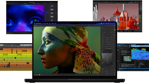 Kleurrijke schermcontent van apps voor muziekproductie, videobewerking, 3D-animatie en fotobewerking op Mac, ter demonstratie van de krachtige graphics