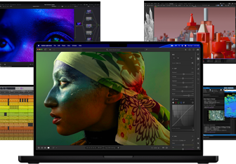 Kleurrijke schermcontent van apps voor muziekproductie, videobewerking, 3D-animatie en fotobewerking op Mac, ter demonstratie van de krachtige graphics