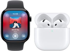 Apple Watch Series 11, kast van titanium, kleur naturel, bandje: rotsgrijs sportbandje, Apple Music-app geopend, gekoppeld met AirPods 4