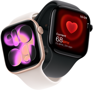 Apple Watch Series 11, roségoudkleurig aluminium, wijzerplaat Responsive Art, rechterkant: Digital Crown, microfoon, zijknop, rosé sportbandje, Apple Watch Series 11, gitzwart aluminium, Hartslag-app, huidig aantal slagen per minuut, rechterkant: Digital Crown, zwart sportbandje