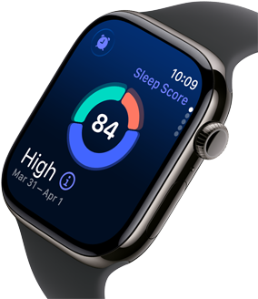 Close-up van Apple Watch Series 11 met een kast van leisteen titanium, slaapscore op het display