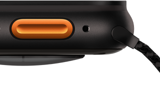 Apple Watch Ultra 3, kleur zwart, kast van titanium, bolvormige sensor aan de achterkant, linkerkant, speaker/ventilatie, Actieknop, microfoon