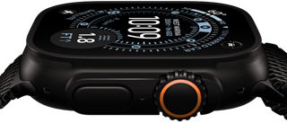 Apple Watch Ultra 3, zijkant, kast van zwart titanium, kompas op wijzerplaat Oriëntatie, zijknop en Digital Crown